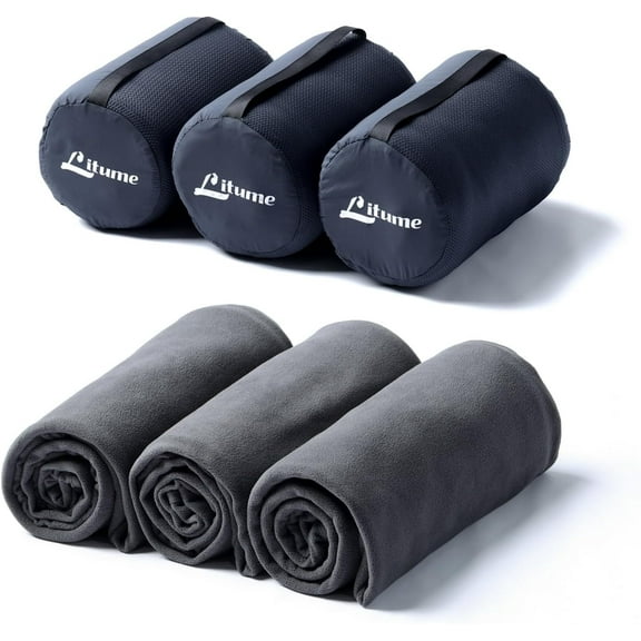 Litume Travel Blanket Fleece 3-Pack – Ultra Lightweight & Breathable Fleece, 67 x 48 in Soft Compact Blanket for Airplane, Camping, Train, Backpacking & Office Use – Includes Stuff Sack
