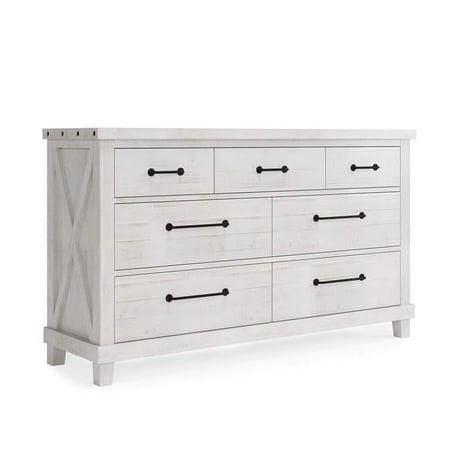 Liu 62 Inch Dresser, 7 Gliding Drawers, Plank Panel Fronts, White Pine Wood