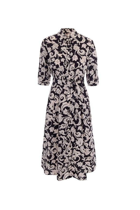 Midi Popeline Floral Dress With Classic Collar And Waist Belt (Women's)