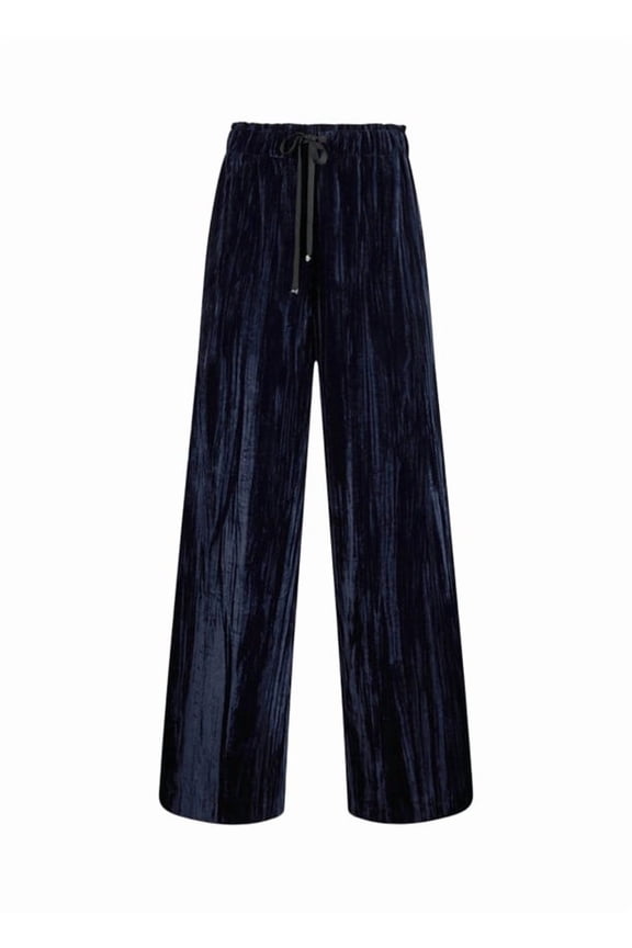 Velvet Navy Blue Wide-Leg Trousers With Elastic Waistband (Women's)