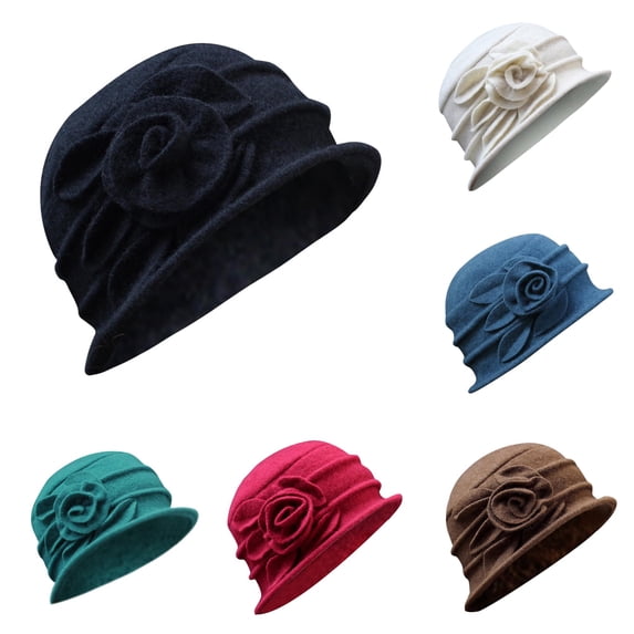 LiuXxxx Elegant Wool Bucket Cloche Hat for Women Winter Flower Design Ladies Baseball Cap Stylish Headwear Black