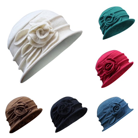 LiuXxxx Elegant Wool Bucket Cloche Hat for Women Winter Flower Design Ladies Baseball Cap Stylish Headwear White