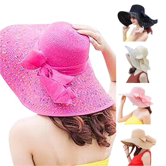 LiuXxxx Wide Brim Straw Sun Hat for Women Fashionable Beach Bow Floppy Cap UPF Casual Summer Outdoor Baseball Style Hot Pink