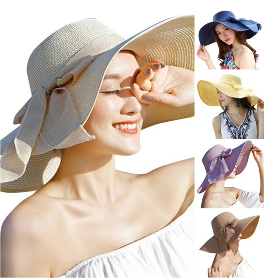 LiuXxxx Wide Brim Straw Sun Hat for Women Folding Beach Floppy Bowknot Cap Baseball Style Packable Outdoor Visor Beige