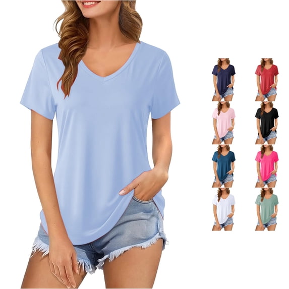 LiuXxxx Women's Crew Neck Loose Fit Curved Hem Everyday Basic Tee Light Blue S