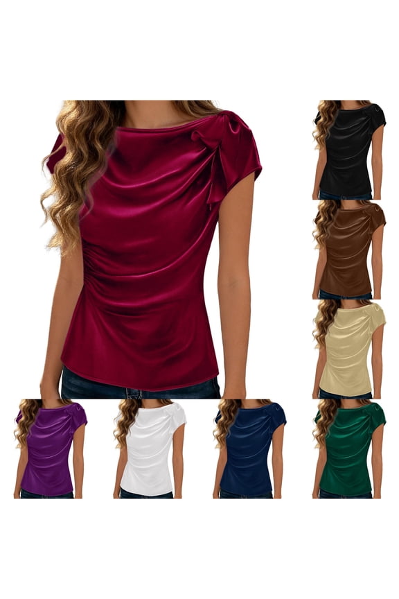 Women's Elegant Evening Satin Blouse Ruffle Bow Draped Front Short Sleeve Red XL