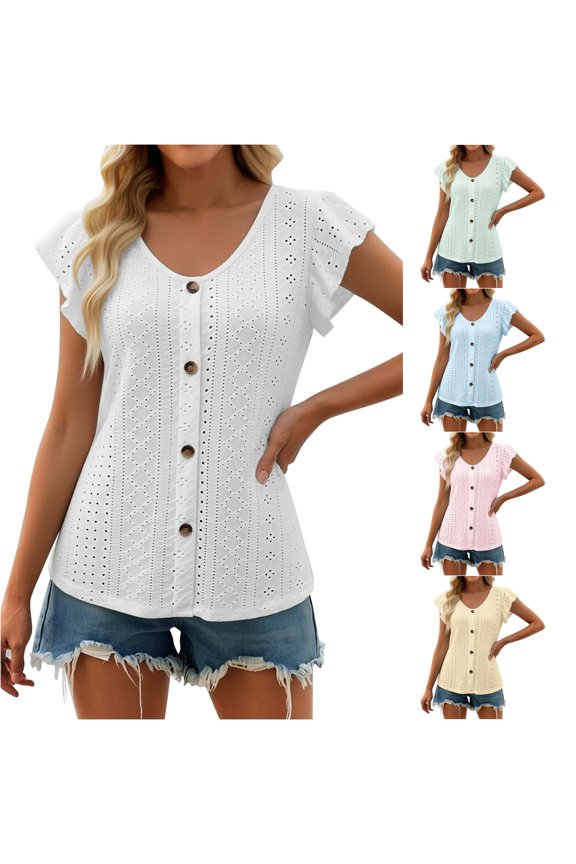 Women's Fashionable V Neck Jacquard Open Front Short Sleeve T Shirt White S