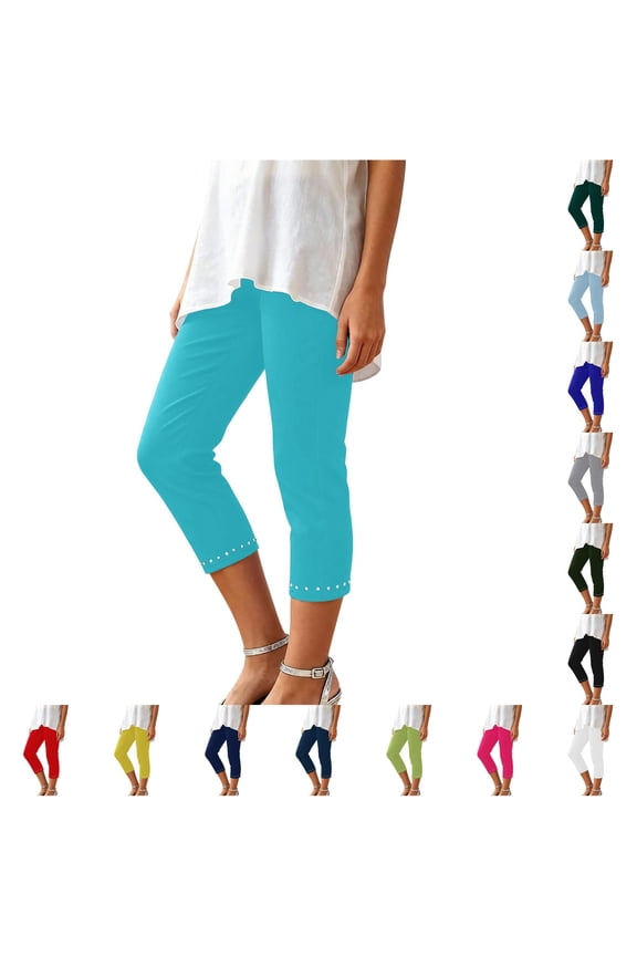 Women's High Waist Rhinestone Capri Leggings Slim Fit Summer Sky Blue XXL