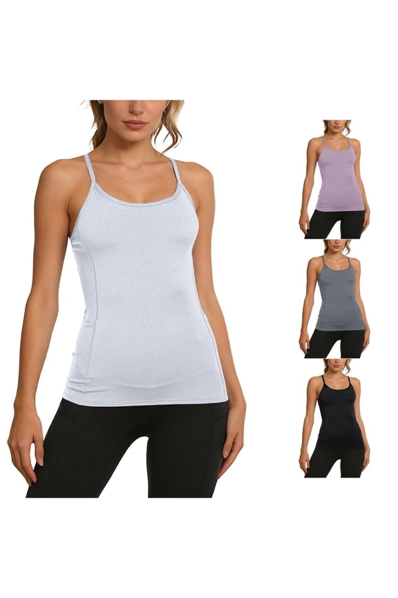 Women's Seamless Workout Tank Top with Built In Bra Side Pockets for Yoga Running Fitness Dance White L