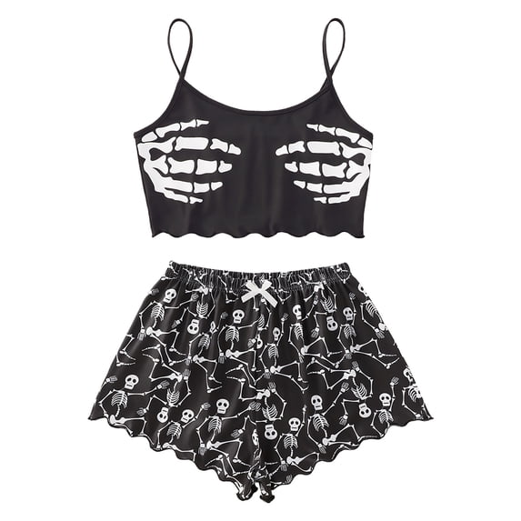 Liuchenyi Pajamas for Women Set Womens Halloween Print Sleepwear Set with Cute Skeleton Design Top and Matching Shorts for Fun Holiday Style At Home