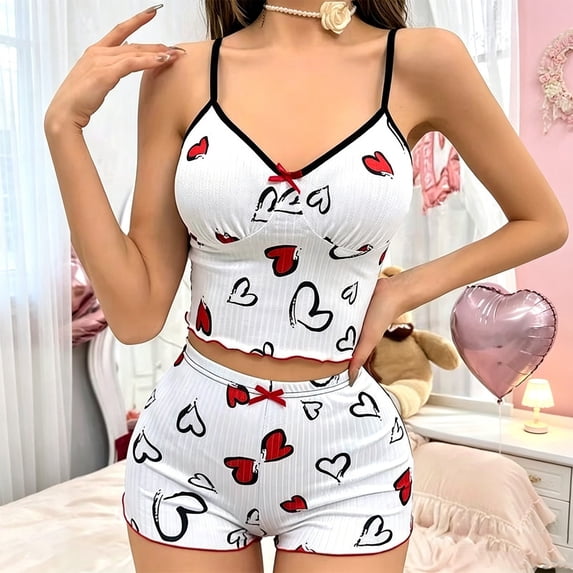 Liuchenyi Under $10 Cute Pajama Sets for Women Heart Print Loungewear Two Piece Set Pajama Set M