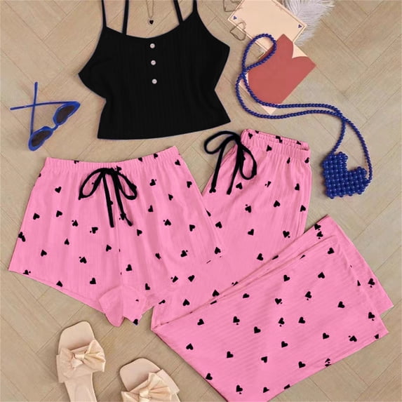 Liuchenyi Under $10 Cute Sleepwear for Women 3 Piece Heart Print Shorts Pants Pajama Set Sleepwear for Women Xl