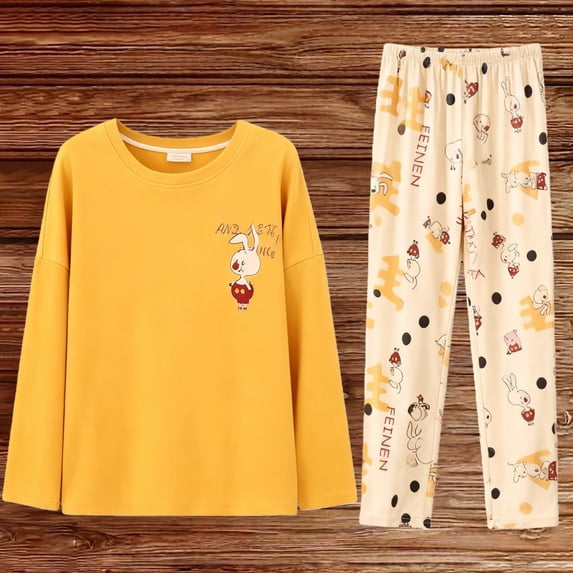 Liuchenyi Under $10 Pajamas Set for Women Printed Fleece Soft Warm Loungewear Long Sleeve Top Night Suit for Women Yellow Xxxxl