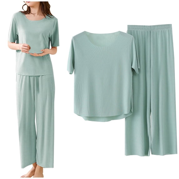 Liuchenyi Under $10 Womens Cotton Pajama Sets Summer Casual Loose Short Sleeve Pullover Top Wide Leg Pants Two Piece Pajamas for Women Set Xl