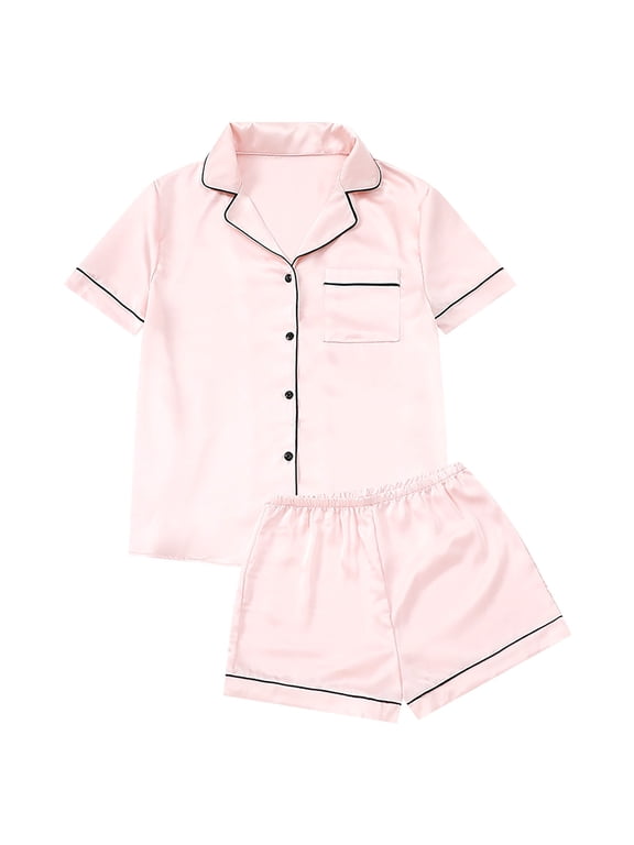 Under $10 Womens Pajamas Set Satin Loungewear Button Down Two Piece Sleepwear Pajamas for Women Set S