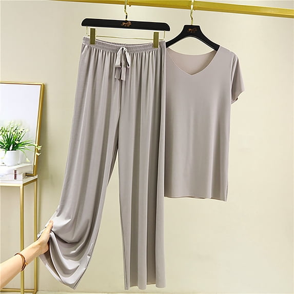 Liuchenyi Under $10 Womens Short Pajamas Set Daily Family Short Sleeve Top Pants Two Piece Pajamas for Women Set M