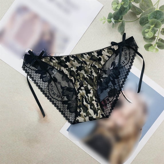 Liuchenyi Women Underwear Under $5 Underwear for Women Mesh Bow Design Breathable Hollow Out Low Waist Panties Camouflage One Size