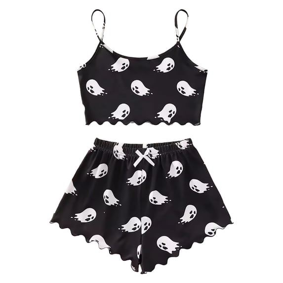 Liuchenyi Women's Pajamas Set Womens Halloween Print Sleepwear Set with Cute Skeleton Design Top and Matching Shorts for Fun Holiday Style At Home