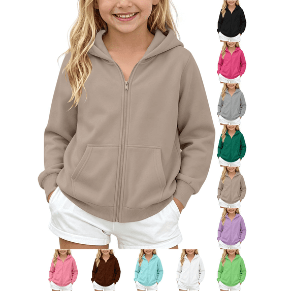 Liuinsasek Girls Hooded Sweatshirt Winter Solid Fleece Zip-Up Sweatshirts with Pockets Casual Sports Kids Fashion Clothes| Size 5-14 Years