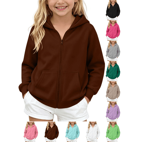Liuinsasek Girls Hooded Sweatshirt Winter Solid Fleece Zip-Up Sweatshirts with Pockets Casual Sports Kids Fashion Clothes| Size 5-14 Years