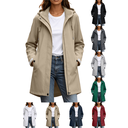 Liuinsasek Long Hooded Windbreaker Jacket for Women Water-Repellent Windproof Featuring Drawstrings and Pockets Stylish, Casual Everyday Versatile Jacket