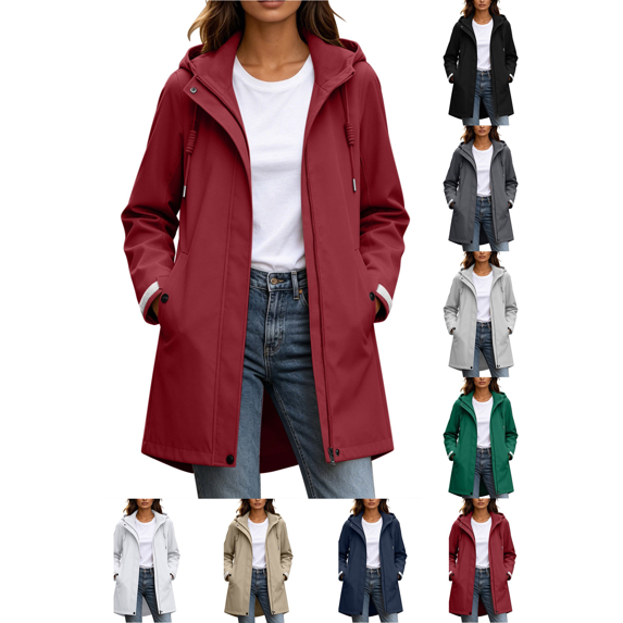 Liuinsasek Long Hooded Windbreaker Jacket for Women Water-Repellent Windproof Featuring Drawstrings and Pockets Stylish, Casual Everyday Versatile Jacket