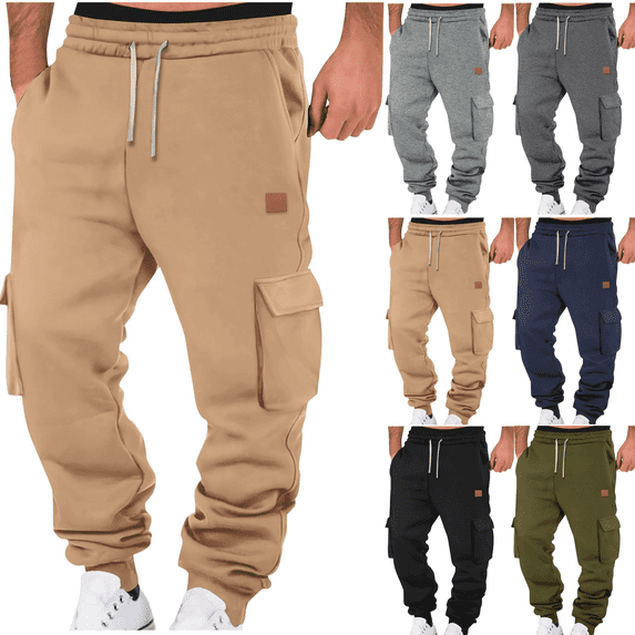Liuinsasek Men's Cargo Sweatpants Multi-Pocket and Waistband Drawstring Design Tapered Legs Fleece Casual Sport Long Pants