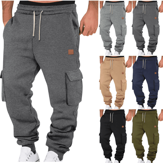 Liuinsasek Men's Cargo Sweatpants Multi-Pocket and Waistband Drawstring Design Tapered Legs Fleece Casual Sport Long Pants