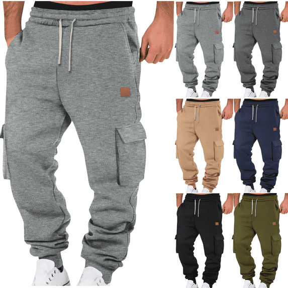 Liuinsasek Men's Cargo Sweatpants Multi-Pocket and Waistband Drawstring Design Tapered Legs Fleece Casual Sport Long Pants
