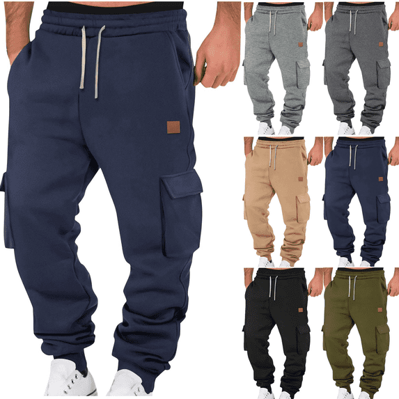 Liuinsasek Men's Cargo Sweatpants Multi-Pocket and Waistband Drawstring Design Tapered Legs Fleece Casual Sport Long Pants