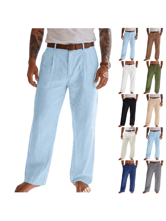 Men's Cotton-Linen Blend Casual Beach Pants Solid-Color Loose Fit Button Bandage Elastic Waist Lightweight Dress Trousers