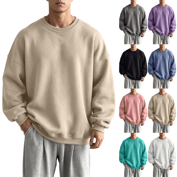 Liuinsasek Men's Round-neck Sweatshirt Winter Fleece Casual Trendy Loose Pullover Top Drop-shoulder Couple Solid Color Long Sleeves Top