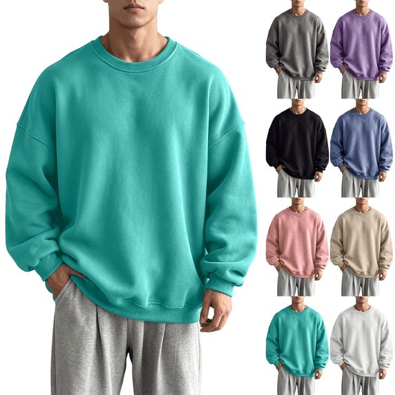 Liuinsasek Men's Round-neck Sweatshirt Winter Fleece Casual Trendy Loose Pullover Top Drop-shoulder Couple Solid Color Long Sleeves Top