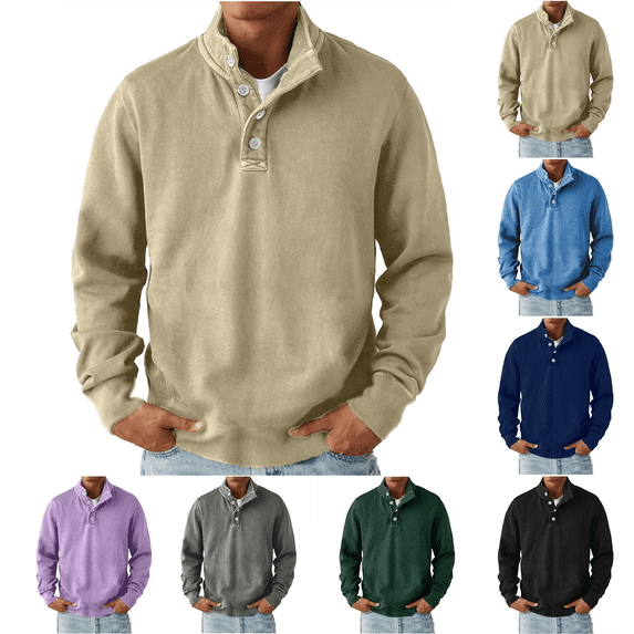 Liuinsasek Men's Stand-Up Collar Pullover Sweatshirt Button Semi-open Top Solid Color Casual Basic Versatile Clothes for Winter