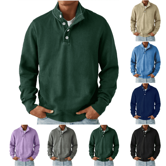 Liuinsasek Men's Stand-Up Collar Pullover Sweatshirt Button Semi-open Top Solid Color Casual Basic Versatile Clothes for Winter