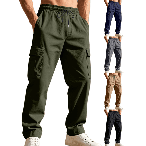 Liuinsasek Men's Straight Leg Cargo Pants Drawstring Elastic with Multi-Pockets Waist Casual Loose Outdoor Sports Long Pants