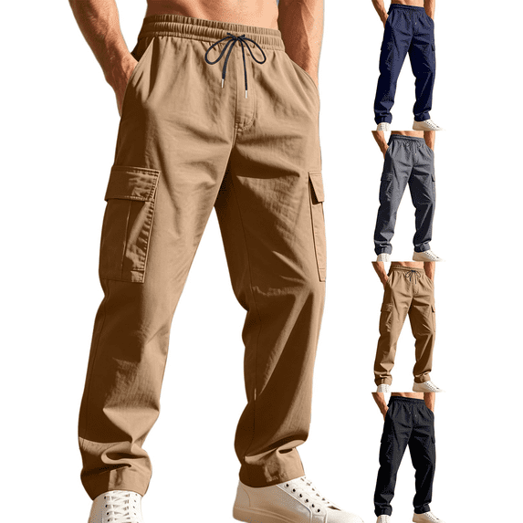 Liuinsasek Men's Straight Leg Cargo Pants Drawstring Elastic with Multi-Pockets Waist Casual Loose Outdoor Sports Long Pants