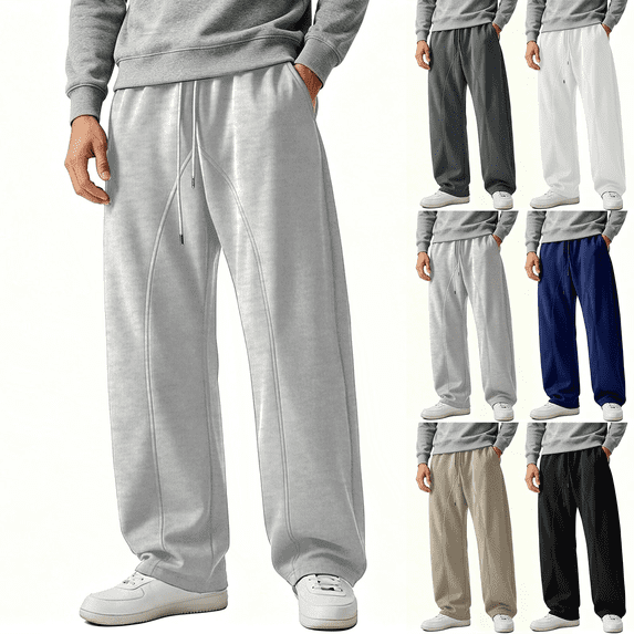 Liuinsasek Men's Sweatpants Loose Wide Leg Pants Solid Color with Pockets Drawstring Elastic Waist Stylish Versatile Long Pants