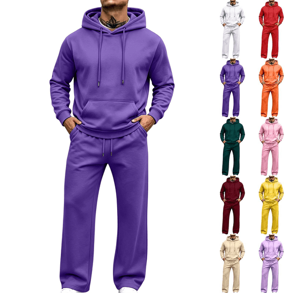 Liuinsasek Men's Sweatshirt Sets Solid Color Long Sleeve Hooded Sweatshirt With Elastic Waist Pants Both With Pockets 2 Piece Sweatsuit Fall Winter Outfits