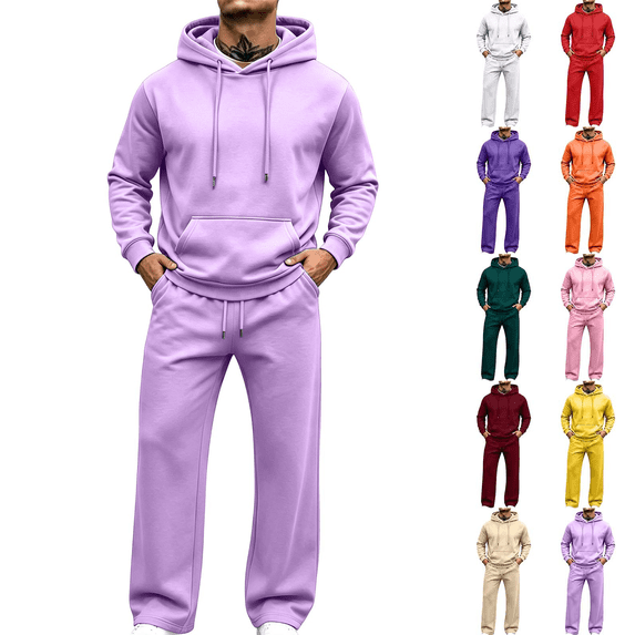 Liuinsasek Men's Sweatshirt Sets Solid Color Long Sleeve Hooded Sweatshirt With Elastic Waist Pants Both With Pockets 2 Piece Sweatsuit Fall Winter Outfits