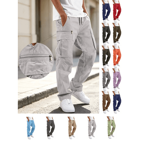 Liuinsasek Mens Cargo Pants Solid Casual Multiple Pockets Drawstring Waist Outdoor Straight Type Fitness Pants Structured and Shaped