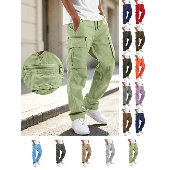 Liuinsasek Mens Cargo Pants Solid Casual Multiple Pockets Drawstring Waist Outdoor Straight Type Fitness Pants Structured and Shaped