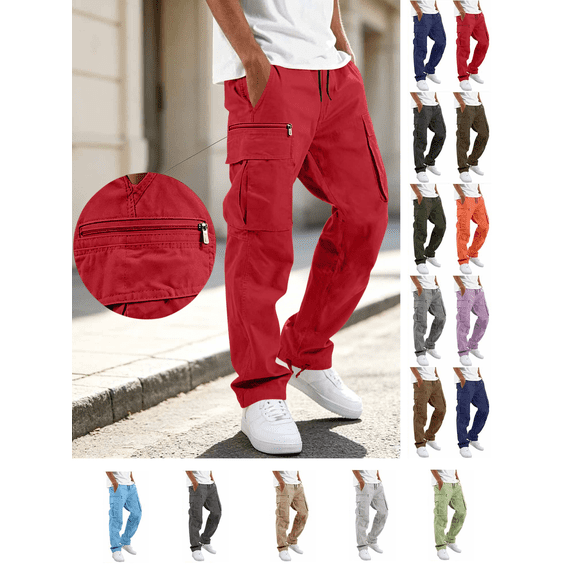 Liuinsasek Mens Cargo Pants Solid Casual Multiple Pockets Drawstring Waist Outdoor Straight Type Fitness Pants Structured and Shaped