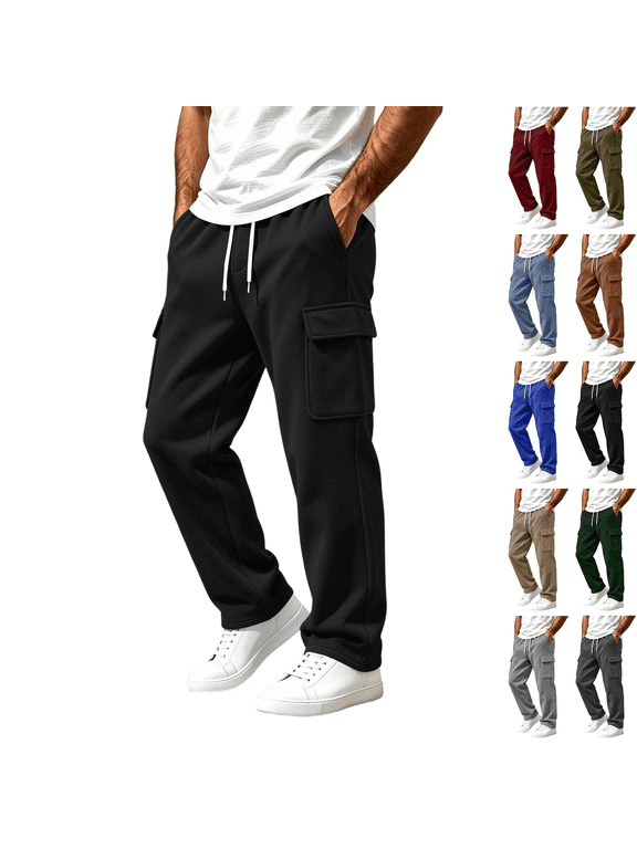 Mens Cargo Sweatpants Loose Straight Leg Drawstring Elastic Waist Multiple Pockets Gym Sweats Lounge Pants