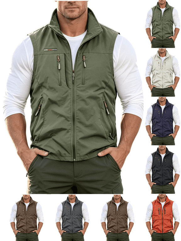 Mens Lightweight Vest Fashion Solid Color Stand Collar Sleeveless Outerwear Zip Up Multi-Pockets for Outdoor, Fishing, Sport Wear Size M To 5XL