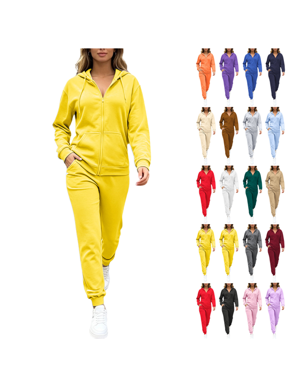 Sets for Women 2 Piece Sets Fleece Sweatshirt Fall Winter Full Zip Hooded Solid Color Full Set Of Sportswear Loose Sweatshirt Cardigan And Tapered Sweatpants