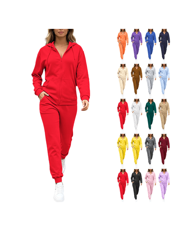 Sets for Women 2 Piece Sets Fleece Sweatshirt Fall Winter Full Zip Hooded Solid Color Full Set Of Sportswear Loose Sweatshirt Cardigan And Tapered Sweatpants