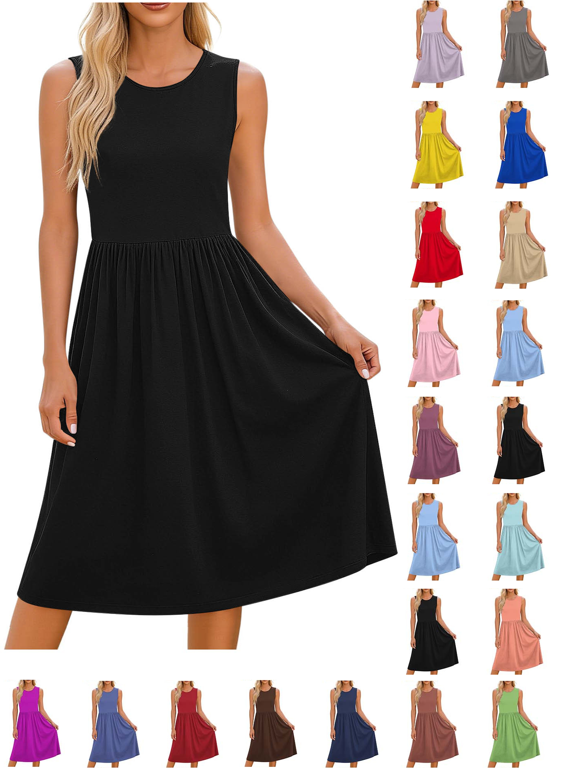 Summer Dresses for Women Casual Fashion Solid Color Elastic Waist Sleeveless Pocket Round Collar Simple and Basic Dress