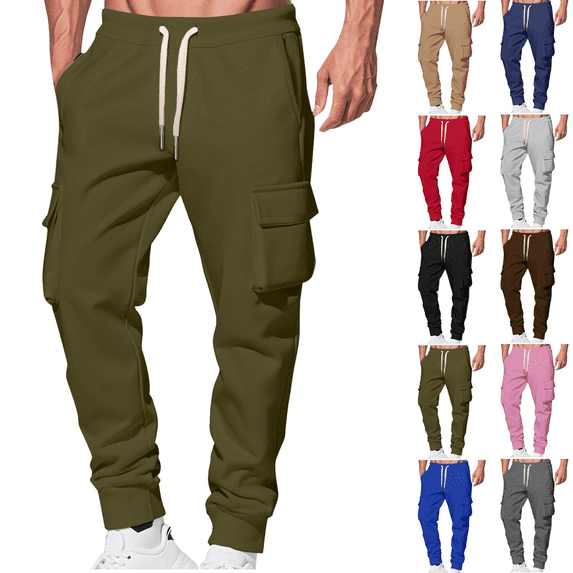 Liuinsasek Sweatpants for Men Elastic Waist Drawstring Fleece-Lined Thick Tapered Workwear Pants with Multi Pocket Fall Winter Clothing