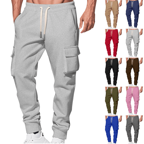 Liuinsasek Sweatpants for Men Elastic Waist Drawstring Fleece-Lined Thick Tapered Workwear Pants with Multi Pocket Fall Winter Clothing